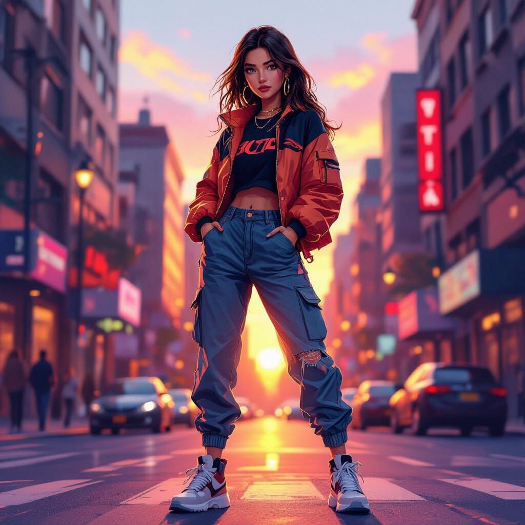 Stylish Young Woman in Streetwear at Sunset