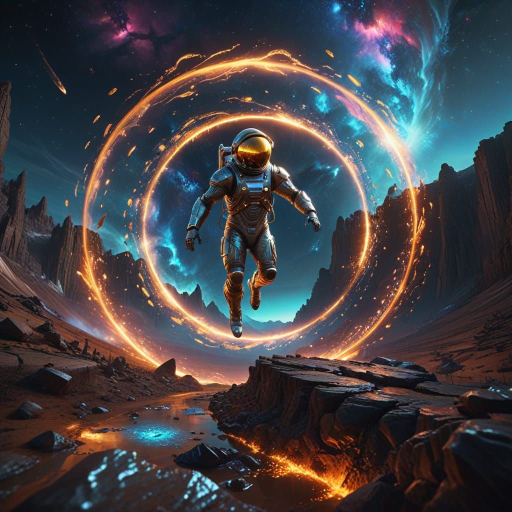 Astronaut Leaps from Alien Cliff, Gazing into Cosmic Vortex