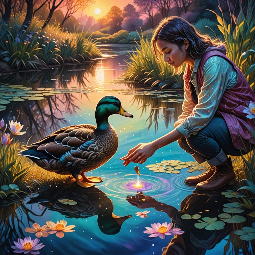 Astral Illustration of Person Helping Duck in Pastel Colors