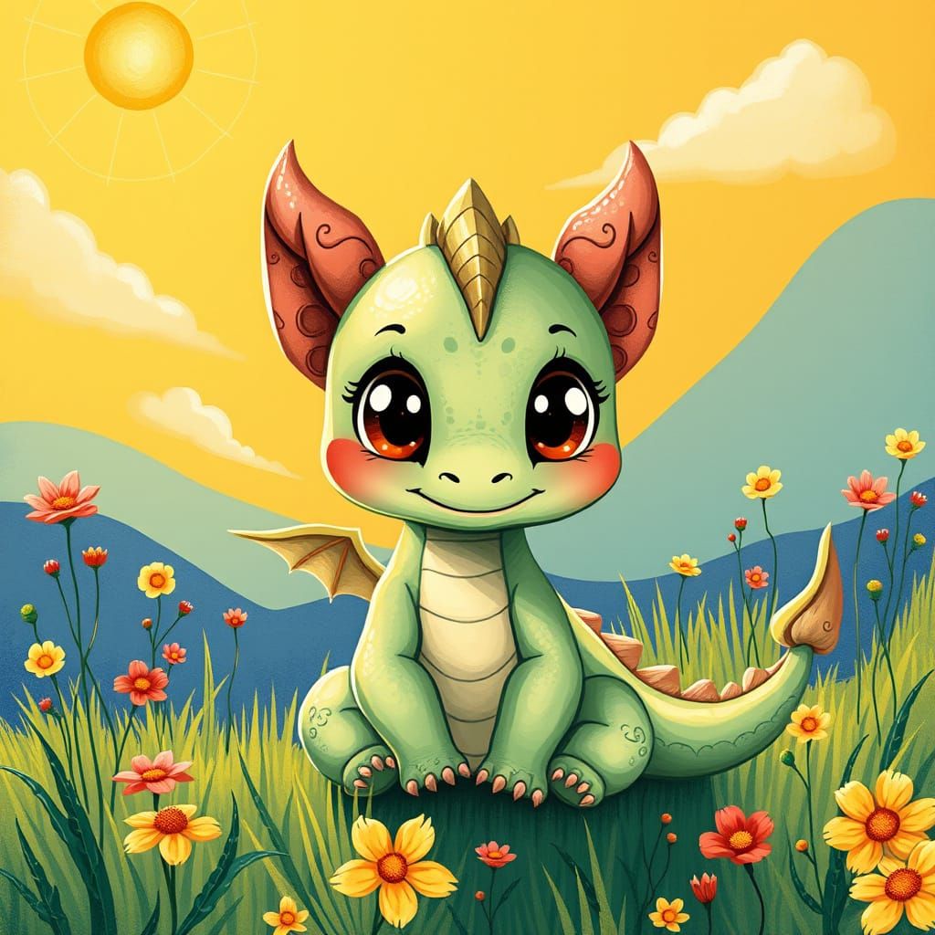 Cute Green Dragon in Sunlit Fantasy Meadow
