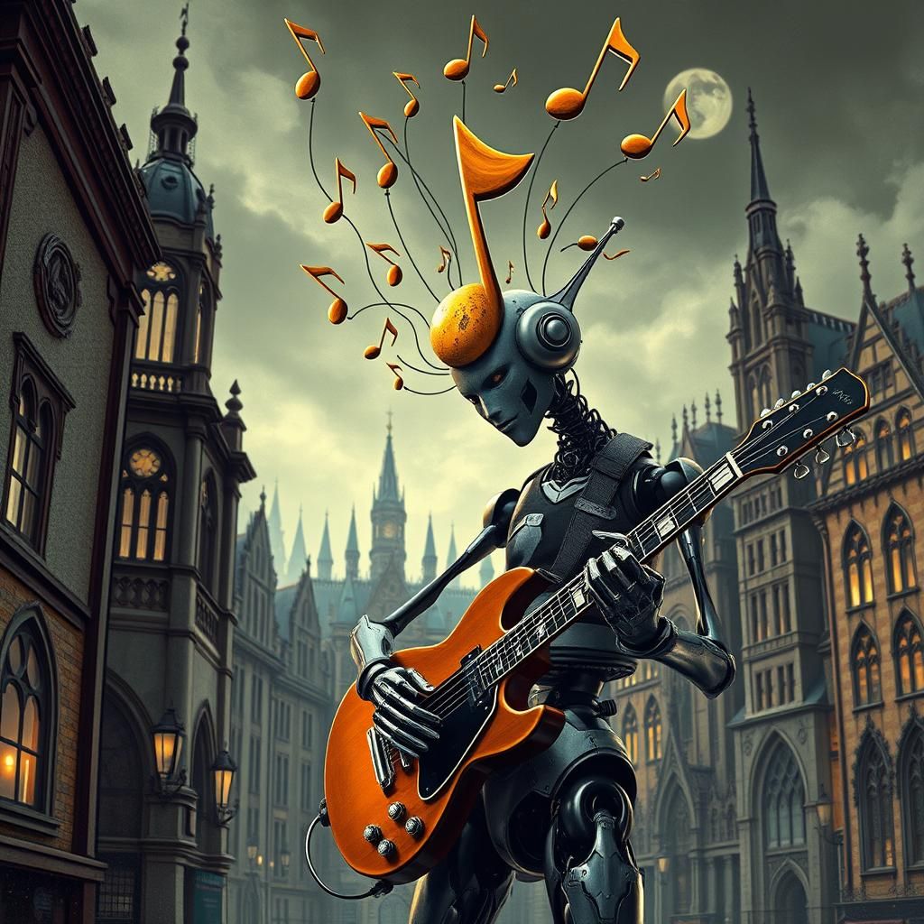 Biopunk Robot Jazz Fusion in Surreal Cityscape