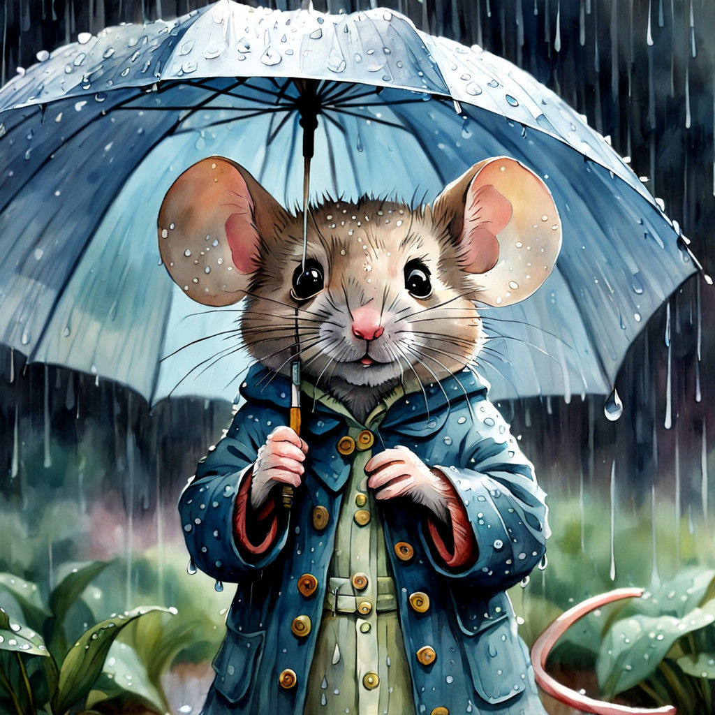 A Mouse Under the Umbrella in Whimsical Watercolor