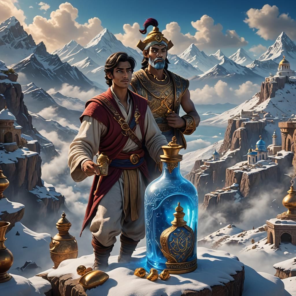 Genie Guarding Magic Bottle with Greek Signs