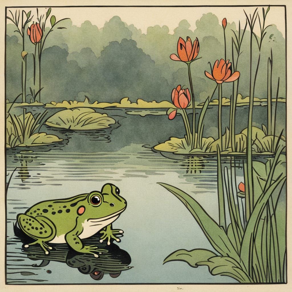 1920s children's book illustration. A frog looks at his own reflection in a lily pond. The reflection is that of a medie...