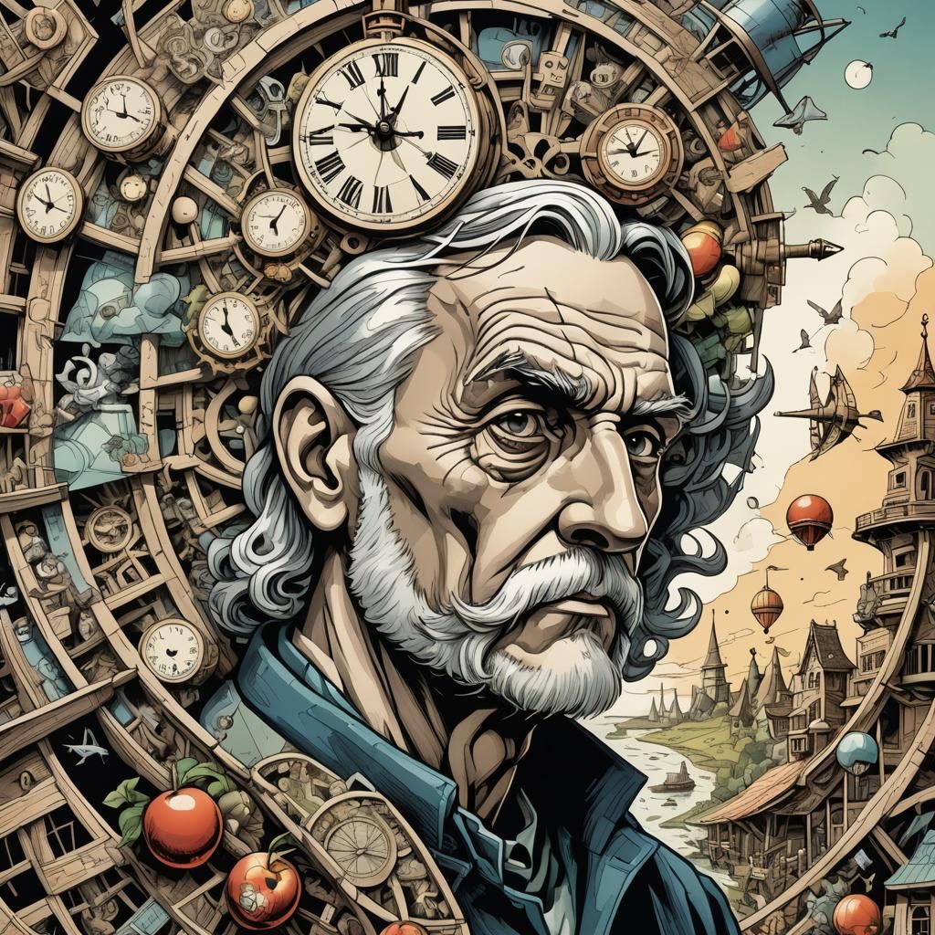 Escher-Inspired Comic Art: Mind Interior with Windmill