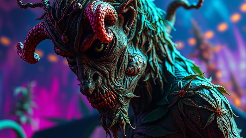Cyberpunk Demon in Cannabis Landscape