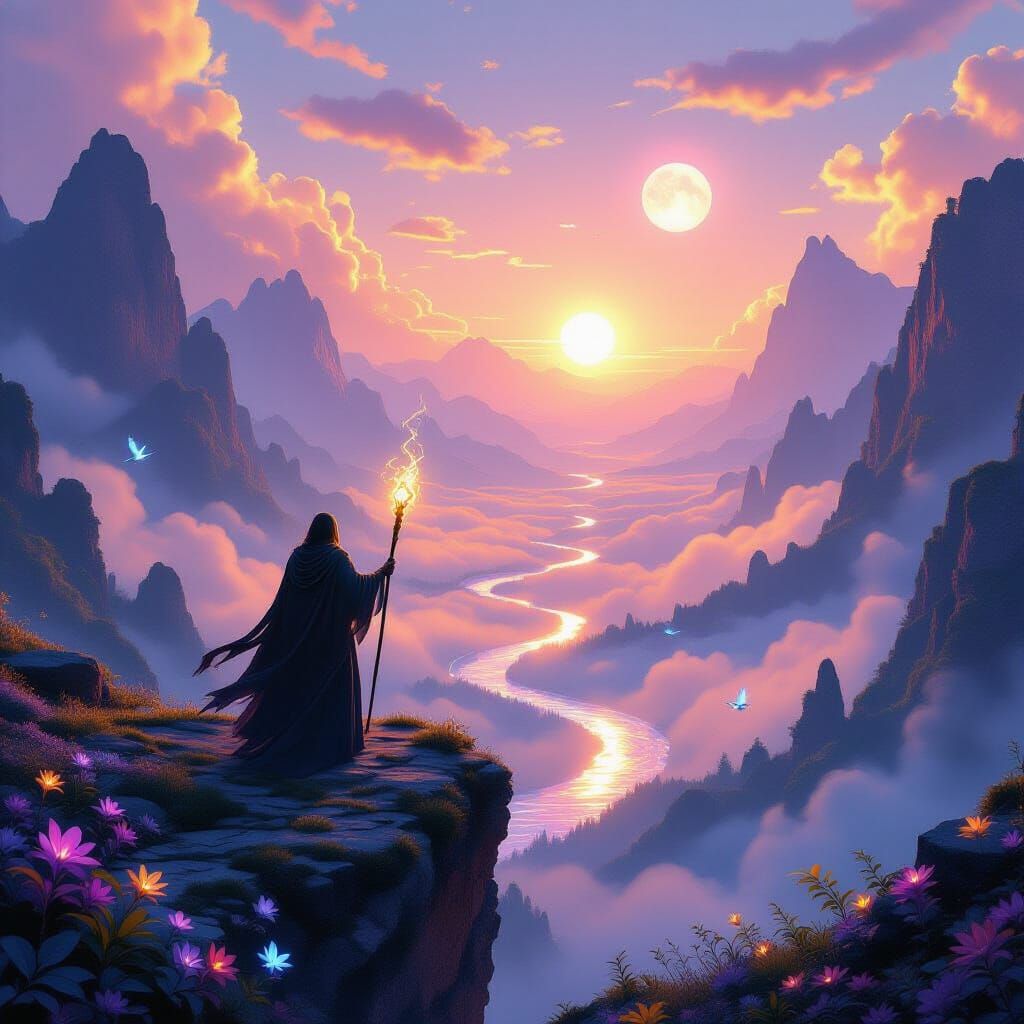 Enchanted Valley Sunrise with Bioluminescent Flowers