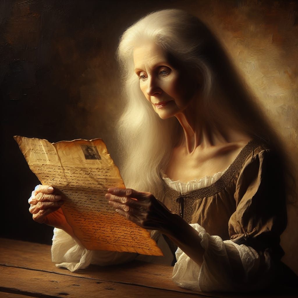 Elderly Woman Reading Letter in Oil Painting Style