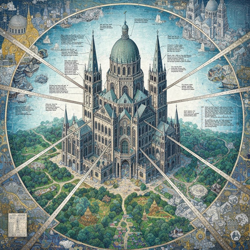 Cathedral Blueprint with Interconnected Realms in Op Art Sty...