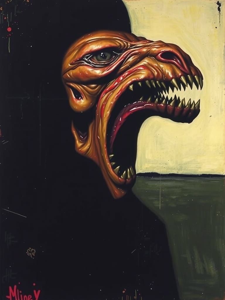 Surreal Australian Tonalism Painting of a Wide-Eyed Cannibal...