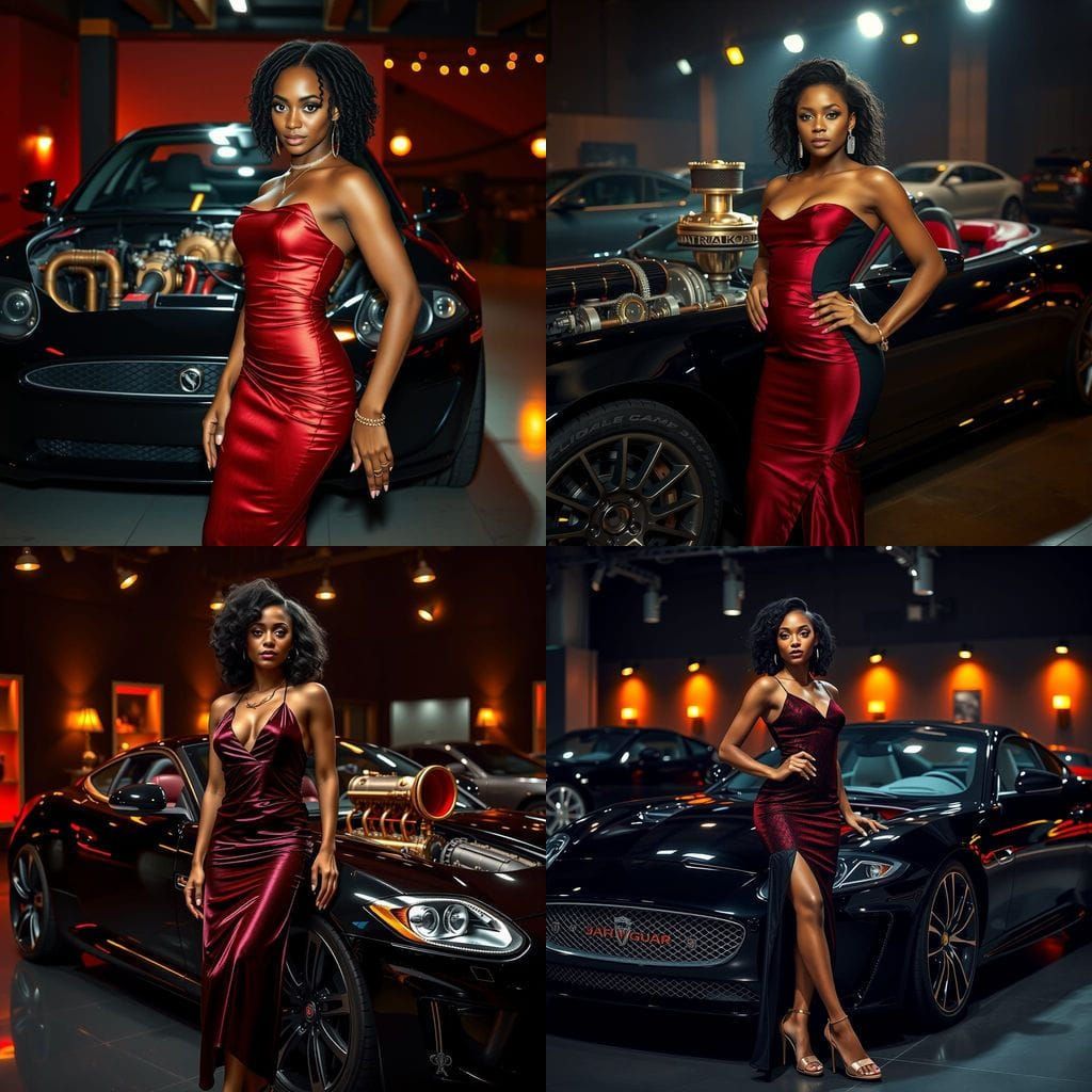 Steampunk Jaguar XKR with Confident Woman in Art Deco Style