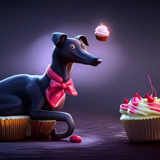 Black Greyhound Enjoys Cupcake: Detailed Digital Art
