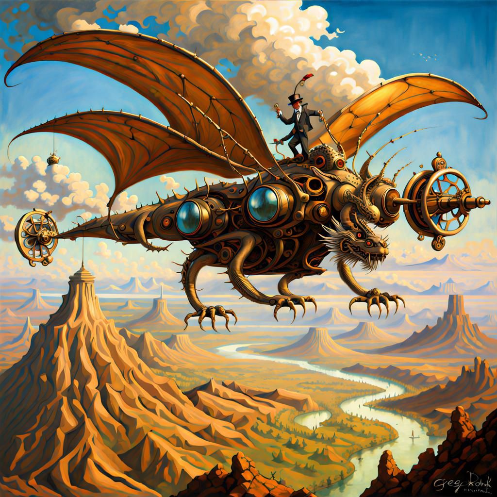 Steampunk Rococo Dragon Over Surreal Landscape