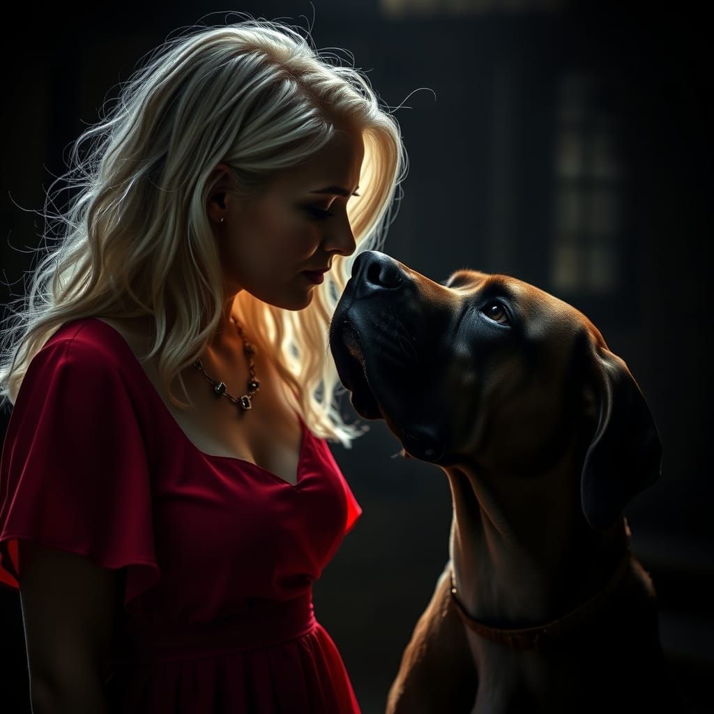 Woman and Great Dane Touching Noses