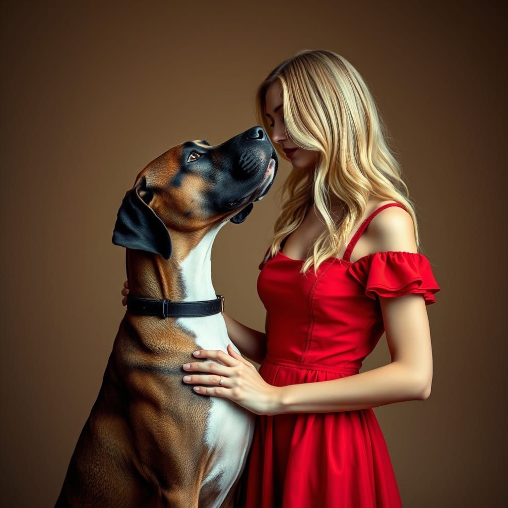 Woman and Great Dane Dog in Hyperrealistic Style