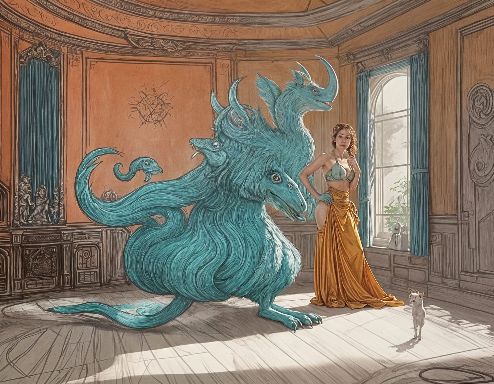 Theatrical Scene with Blue Lighting and Costumed Actors