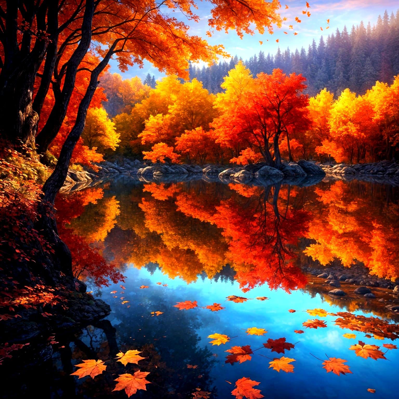 Hyperrealistic Autumn Lake Reflection in Detailed Colors
