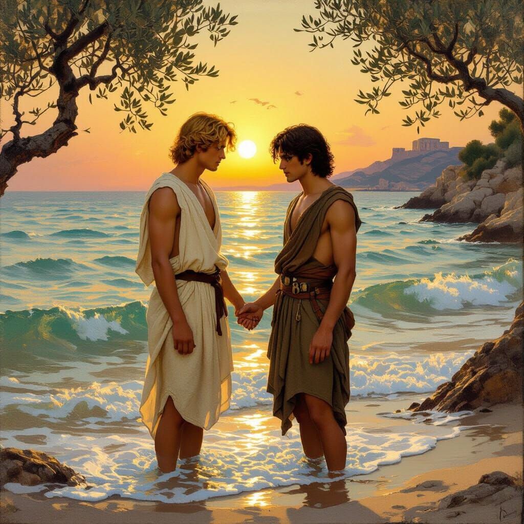 Achilles and Patroclus by the Sea at Golden Hour