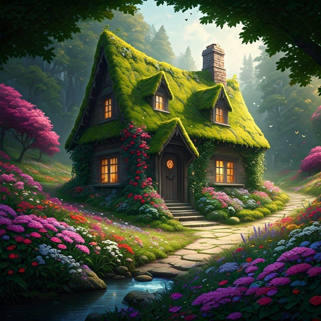 Whimsical Moss-Covered Cottage in Vibrant Wildflower Paradis...
