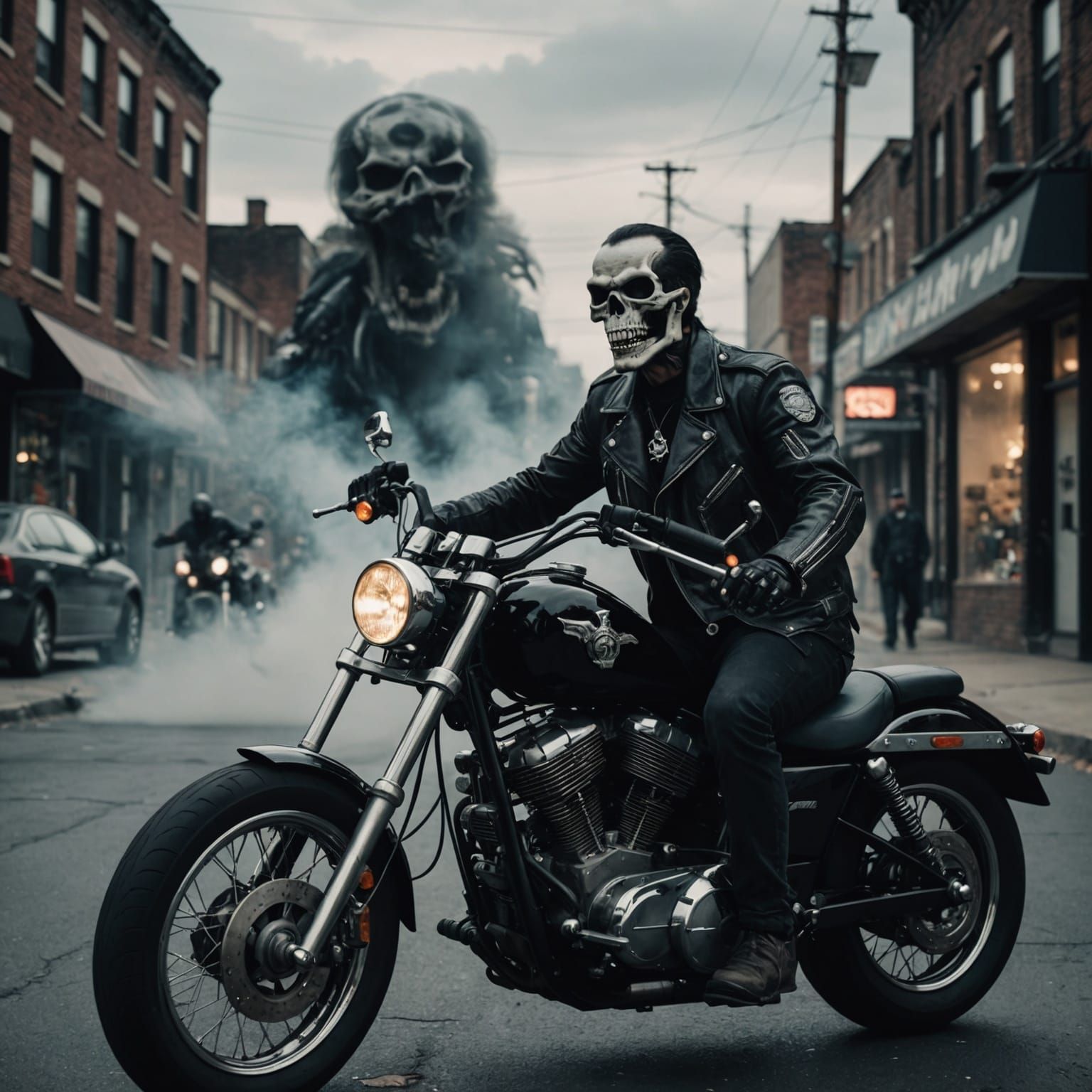 Smokey Skeleton Laughing with Ghost Motorcycle