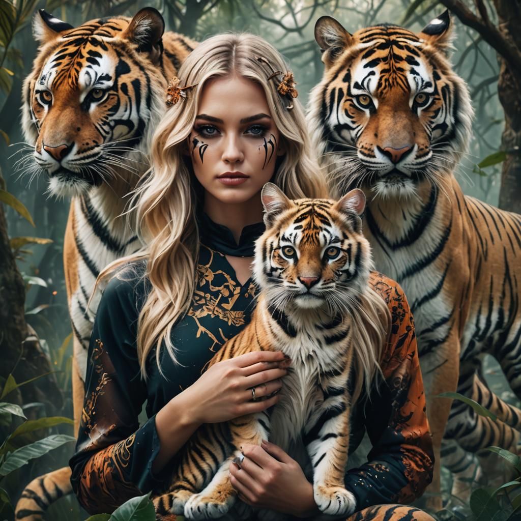 Double Exposure: Woman with Tiger Makeup and Cat