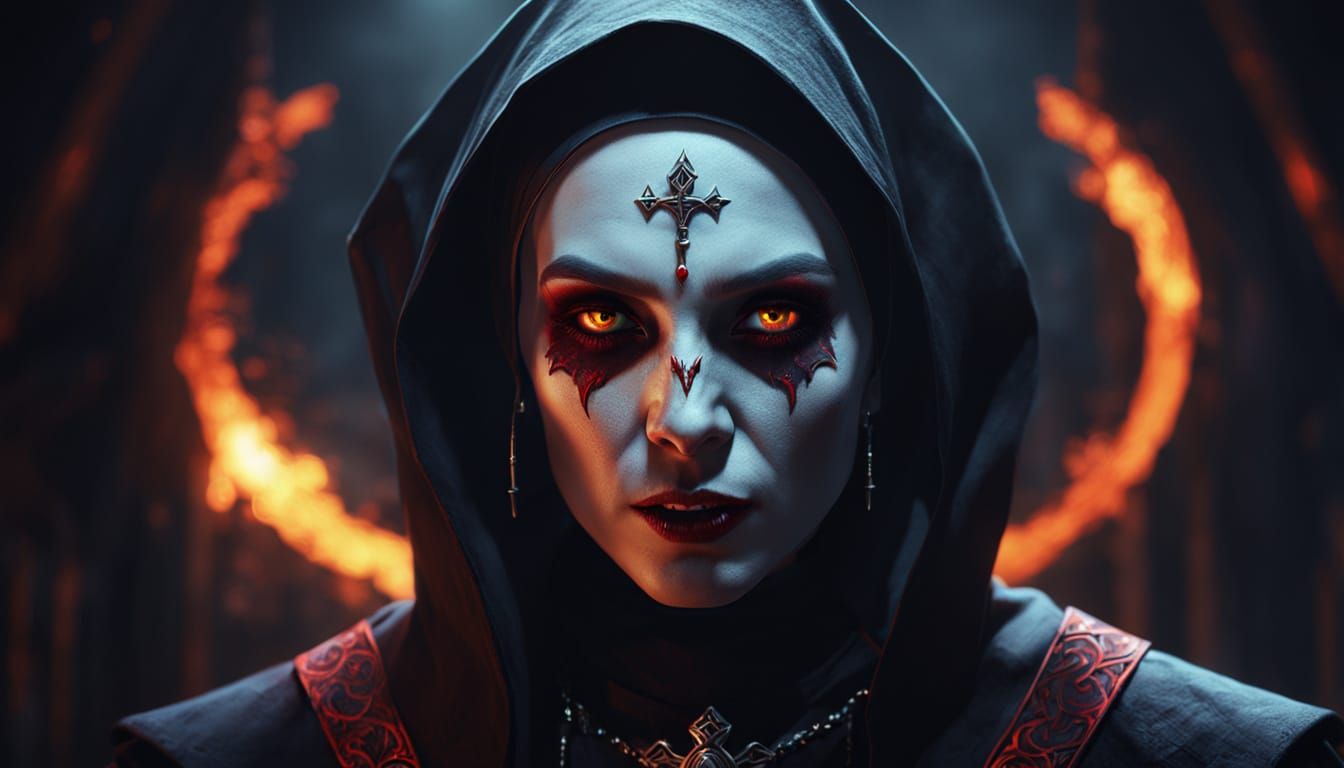 Vampire Demon Nun Portrait in Dark Fantasy Art