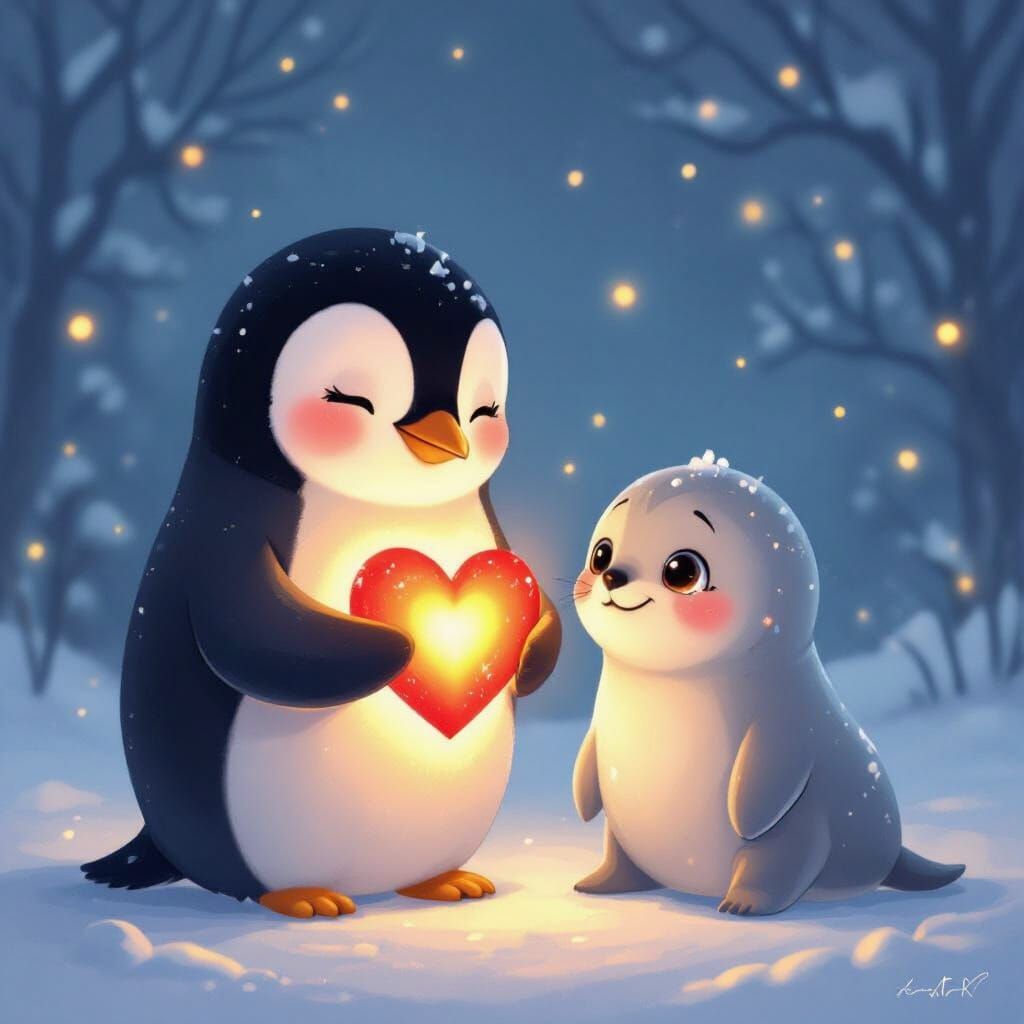 Penguin Shares Glowing Heart with Seal in Storybook Style