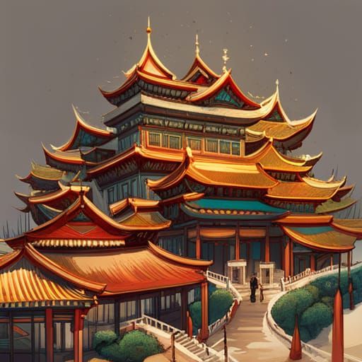 Luminous Chinese Palace with Golden Outlines