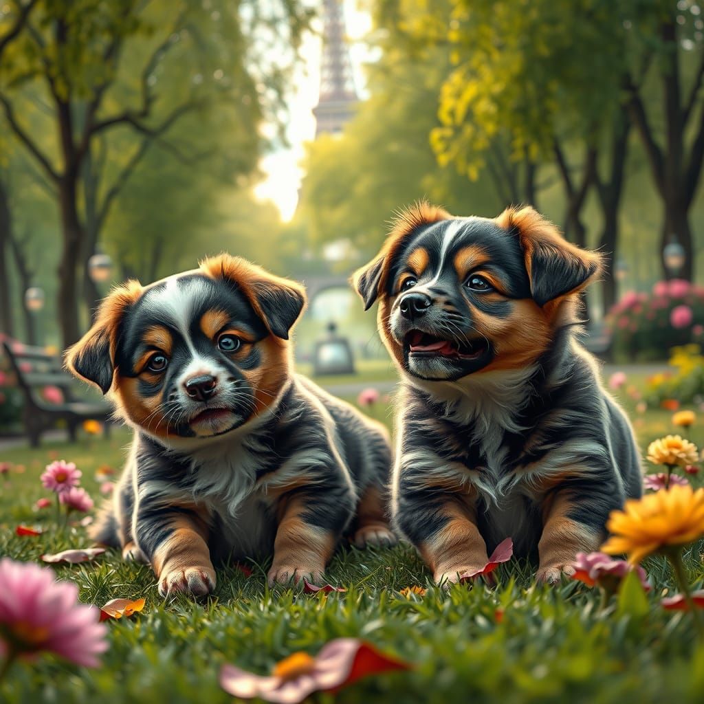 Puppies Play in Parisian Park: Fantasy Realism