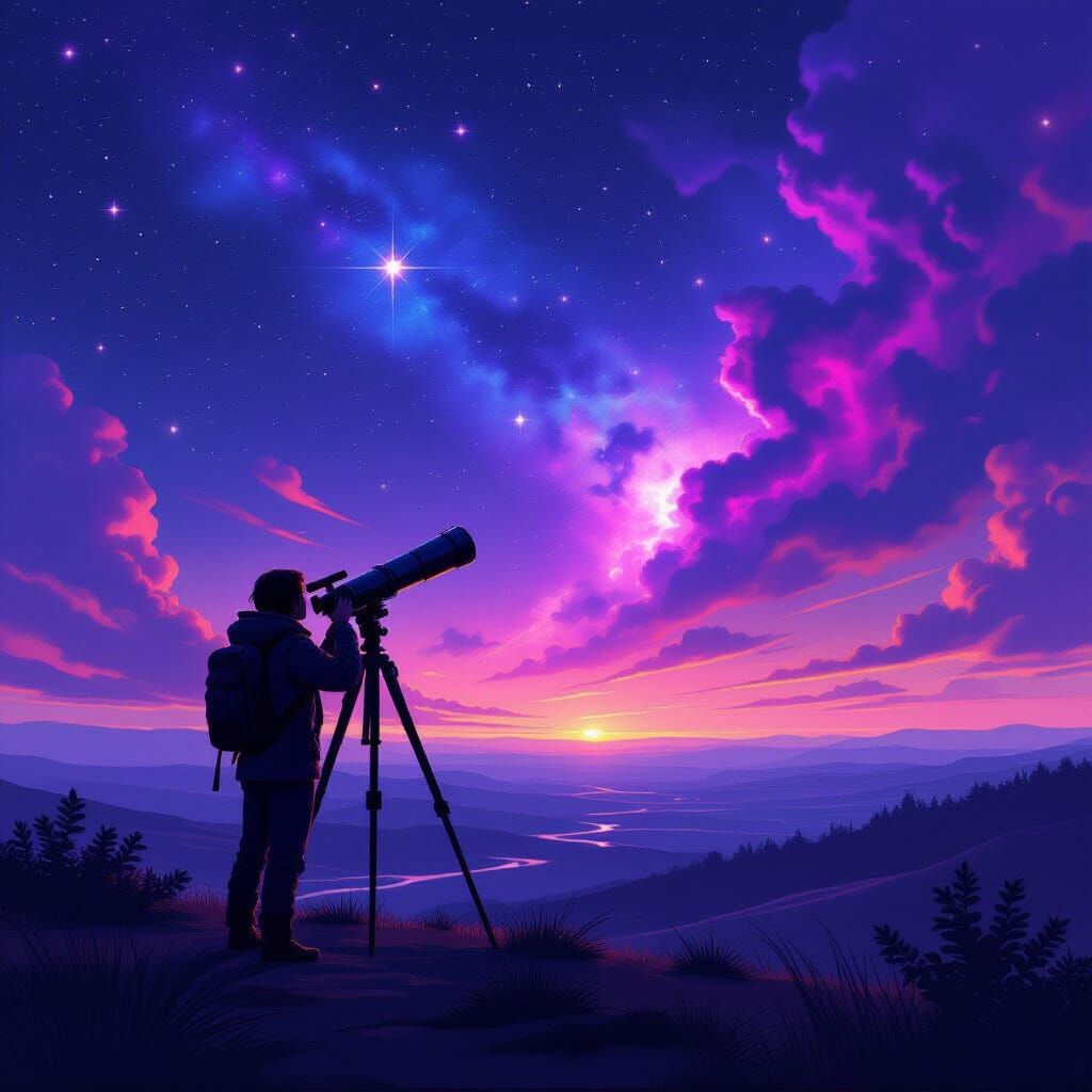 Astronomer Observes Purple Nebulae in Dreamy Landscape