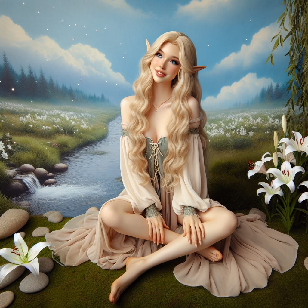 Elegant Eladrin Elf in Fantasy Meadow Scene
