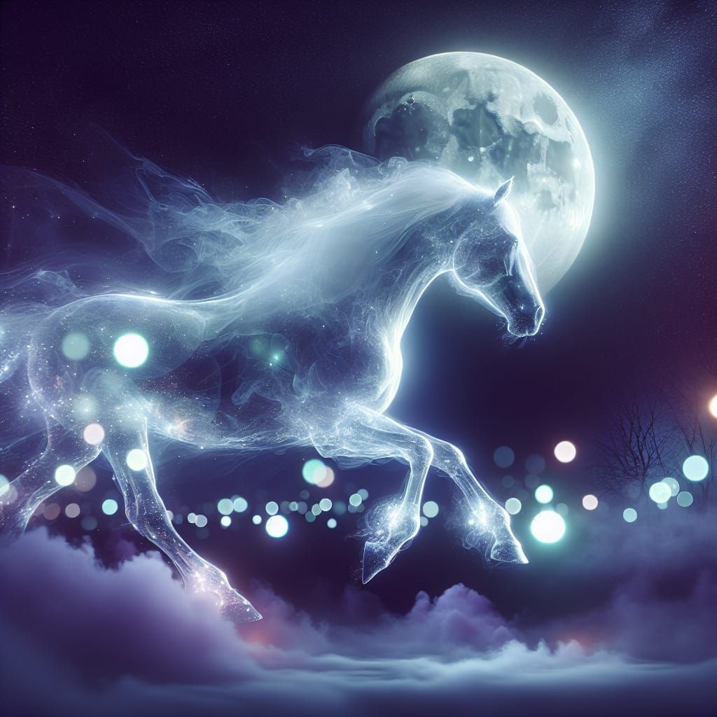 Imagine a perfect spectral white ethereal horse galloping th...