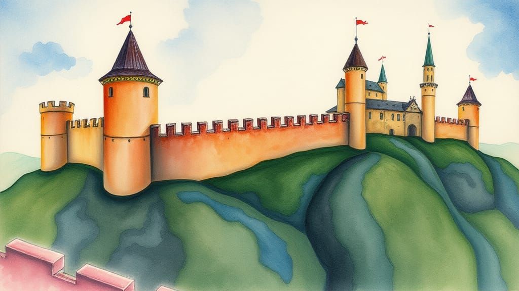 Surreal Castle Landscape in Watercolor Style