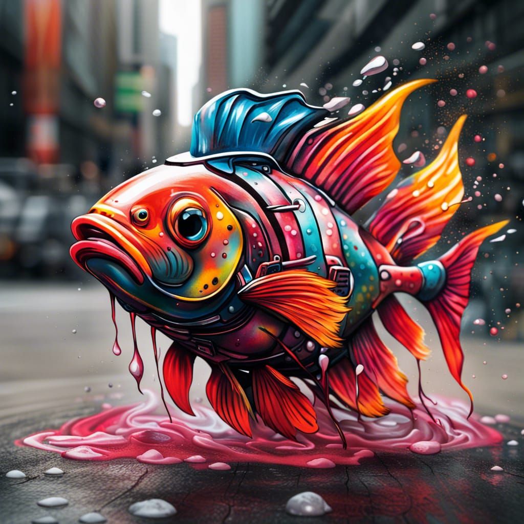 Graffiti Firefighter Fish in Street Art Style