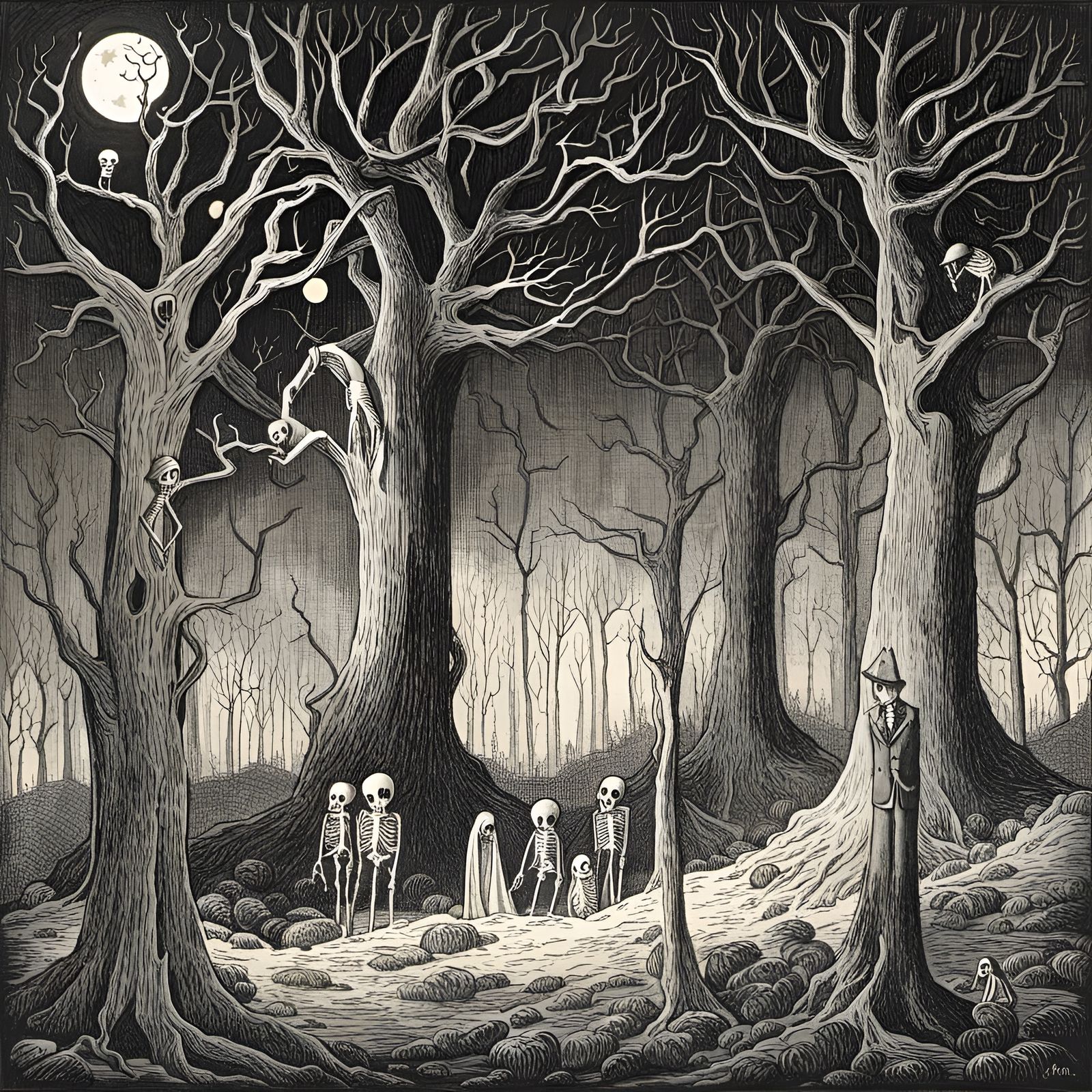 Glowy Skeleton Family in Spooky Forest, Sinister Comic Art