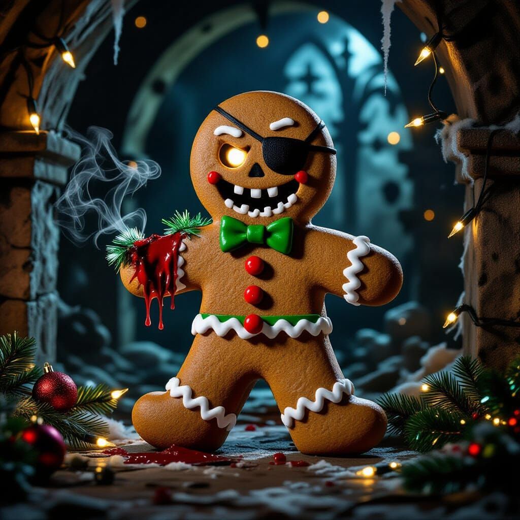 Creepy Gingerbread Man in a Dark Crypt