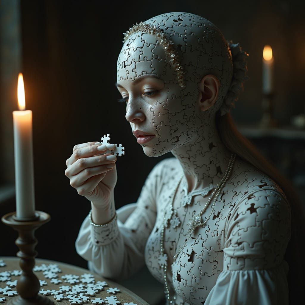 Surreal Otherworldly Woman Sits Amidst Puzzle Pieces in Haun...