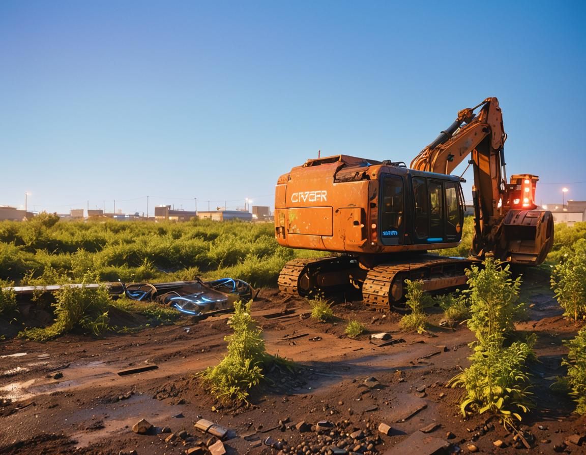 Cyberpunk Excavator Assembling Car in Neon Cityscape