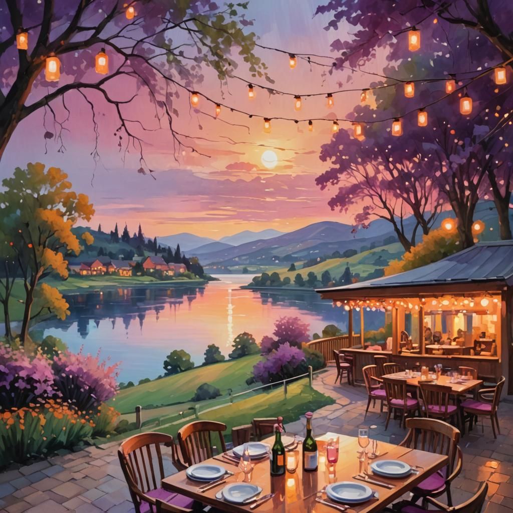 Scenic Restaurant View in Impressionist Painting Style