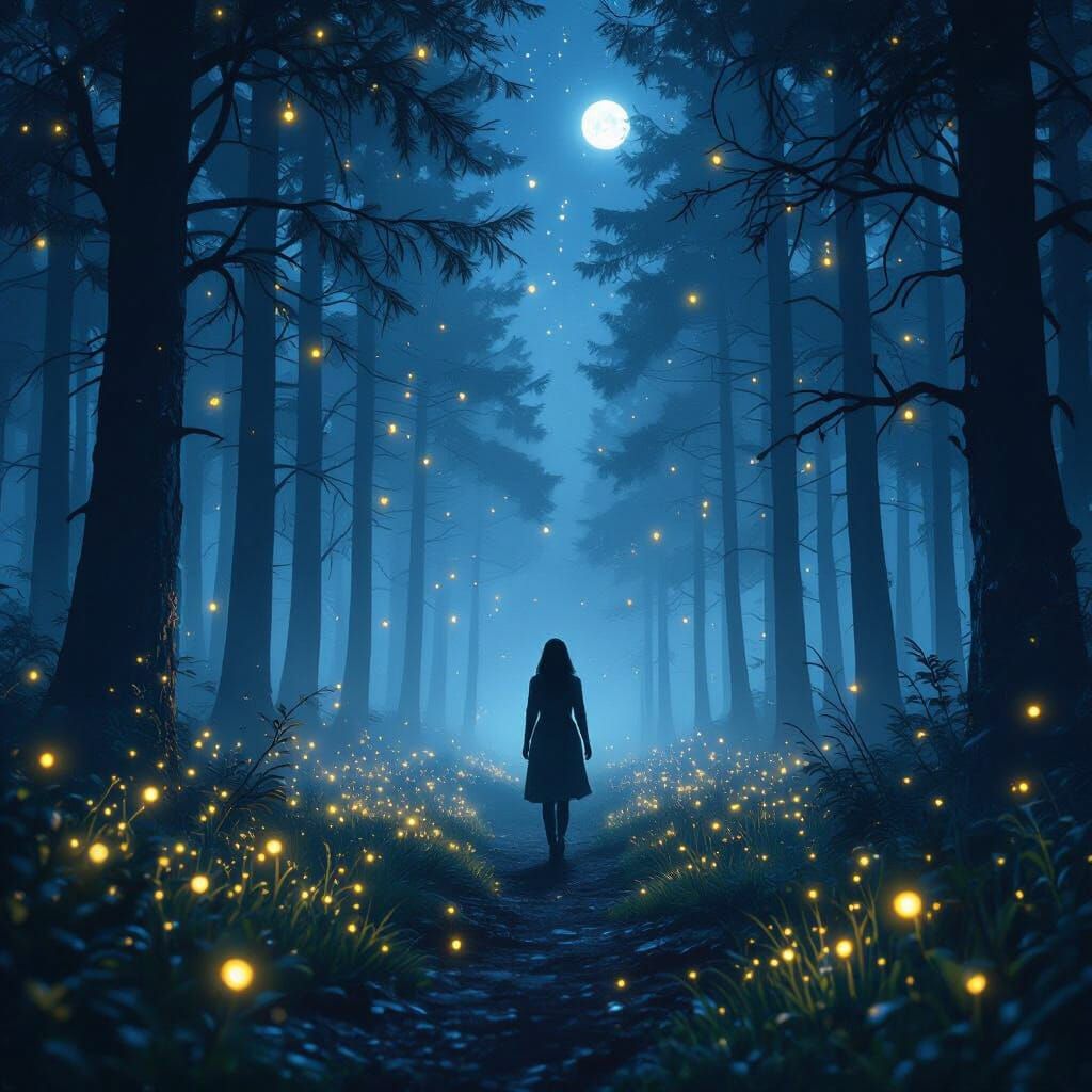 Mystical Night Forest with Fireflies and Moonlight
