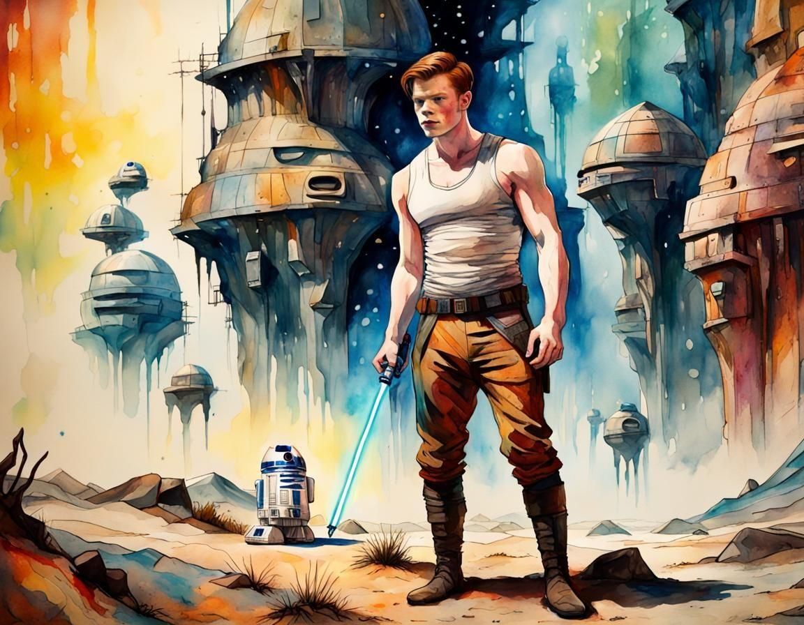 Redhead Smuggler with Lightsaber, Gritty Watercolor Art