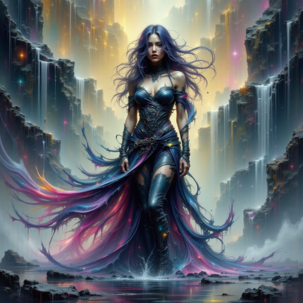 Lush Woman Dancing in Waterfall, Fantasy Art
