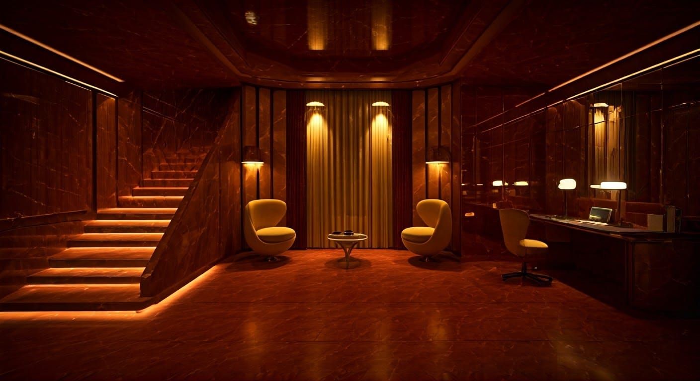 Space Age Bedroom with Marble Stairway in Architectural Styl...