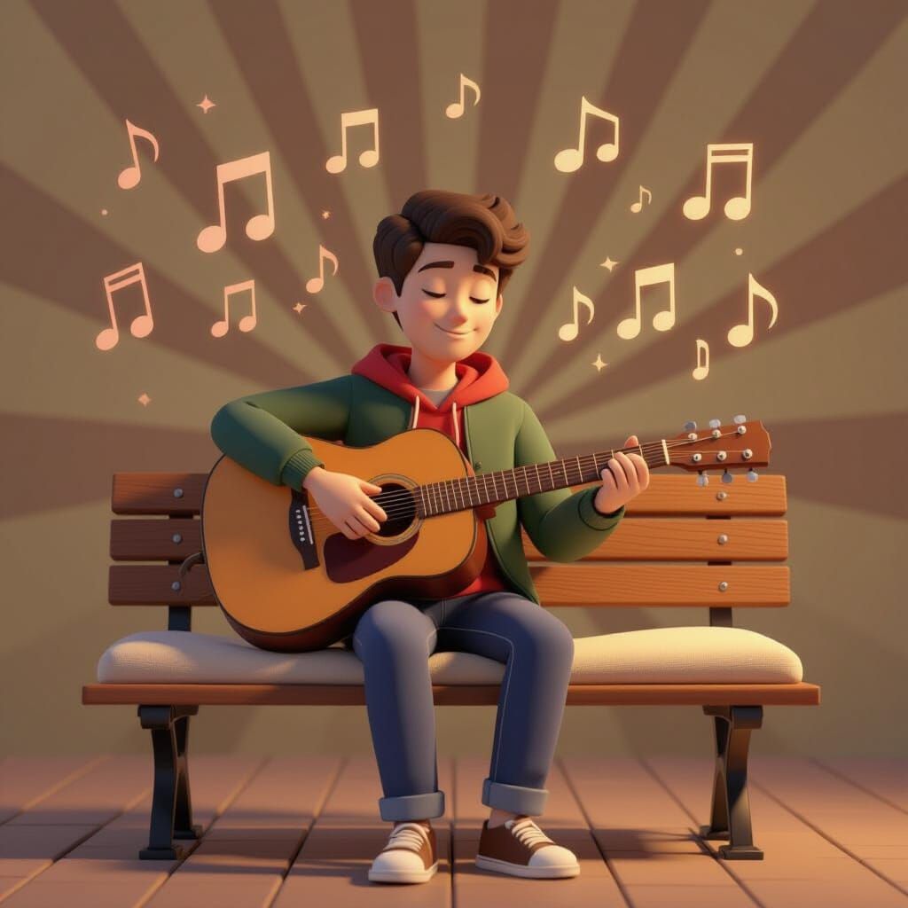 Person Playing Guitar in Cozy Animated Scene
