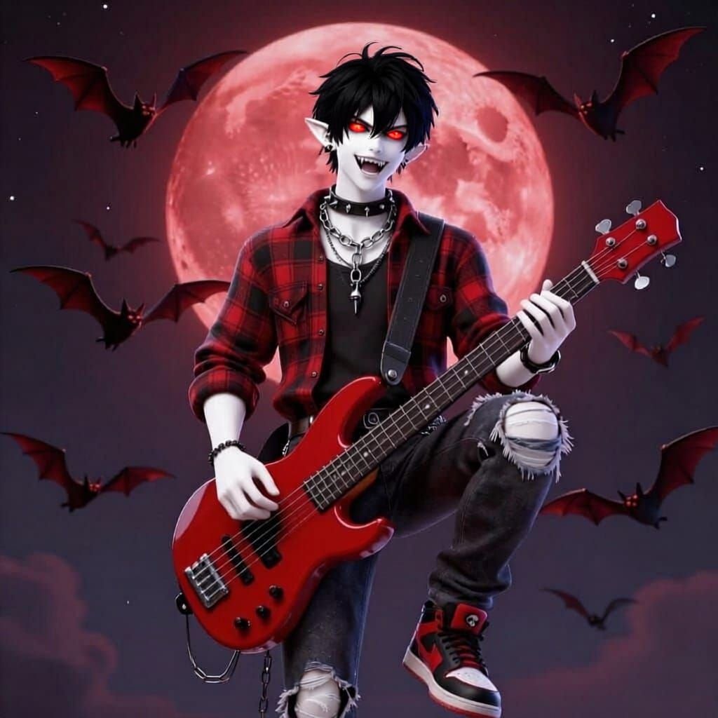 Anime Vampire Prince with Bat Wings and Red Moon