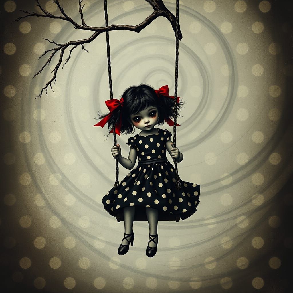 Sinister Polkadot Girl on a Swing, Surreal Horror Art