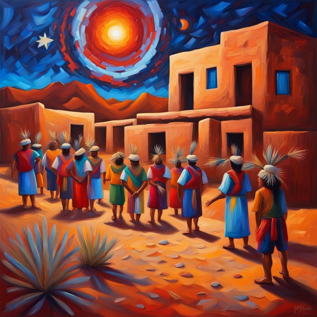 Indigenous Celebration: Impasto Art Under Starry Sky