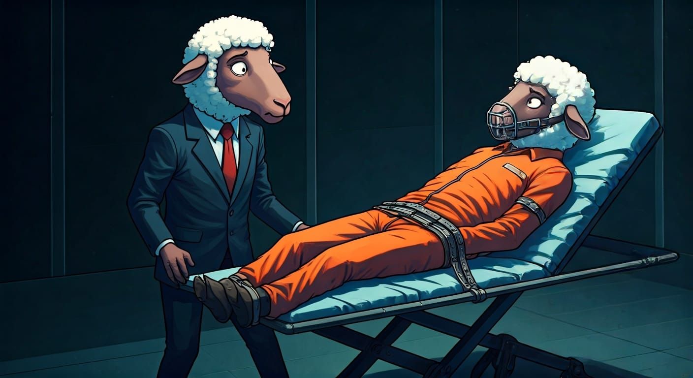 Comic Illustration of Sheep in Unsettling Encounter