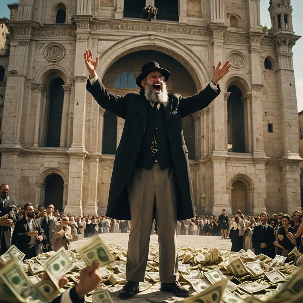 Rabbi Sings in Leaning Tower Shadow: Cinematic Film Still