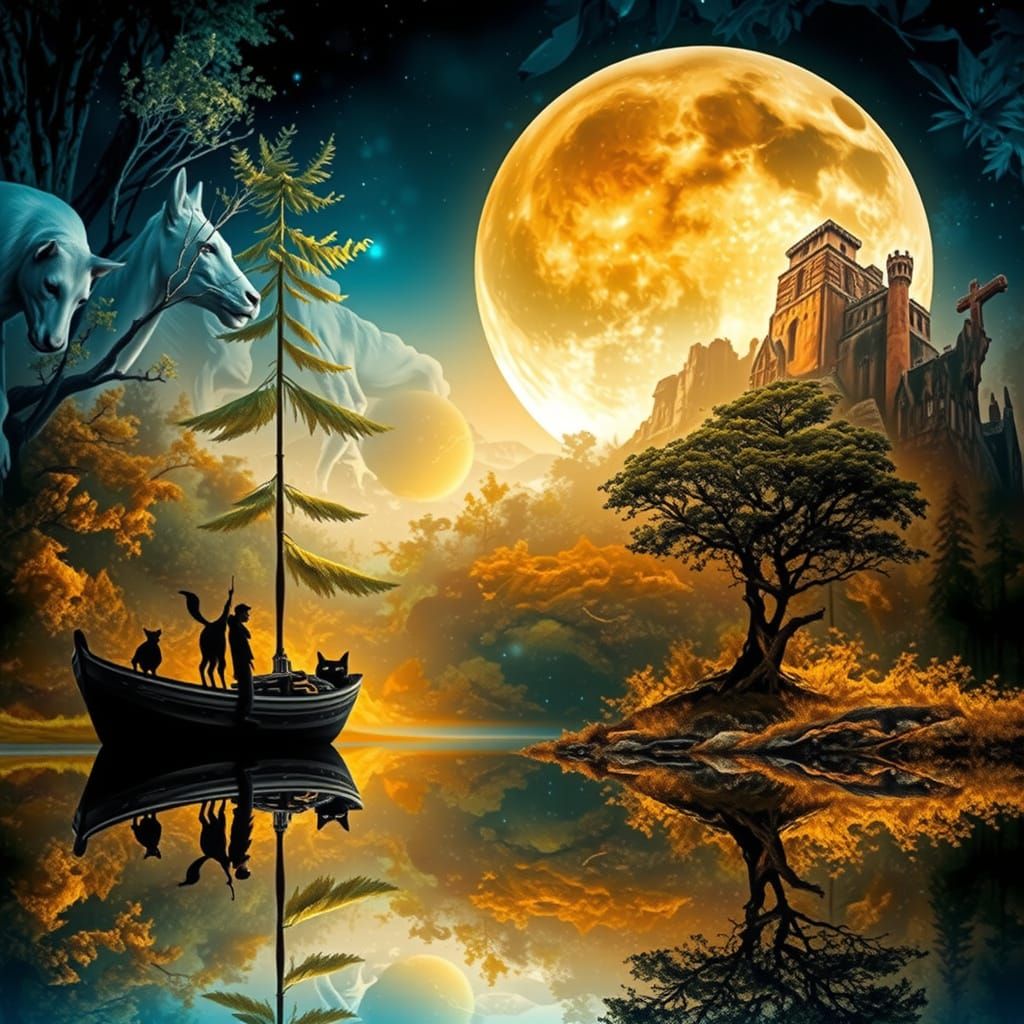 Ethereal Double Exposure Masterpiece with Majestic Cat and F...